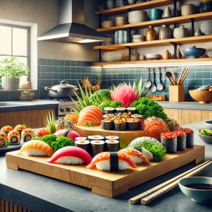 DALL·E 2024-08-31 17.51.04 - A vibrant kitchen scene featuring a variety of sushi dishes, including nigiri, sashimi, and maki rolls, all arranged beautifully on a modern counterto